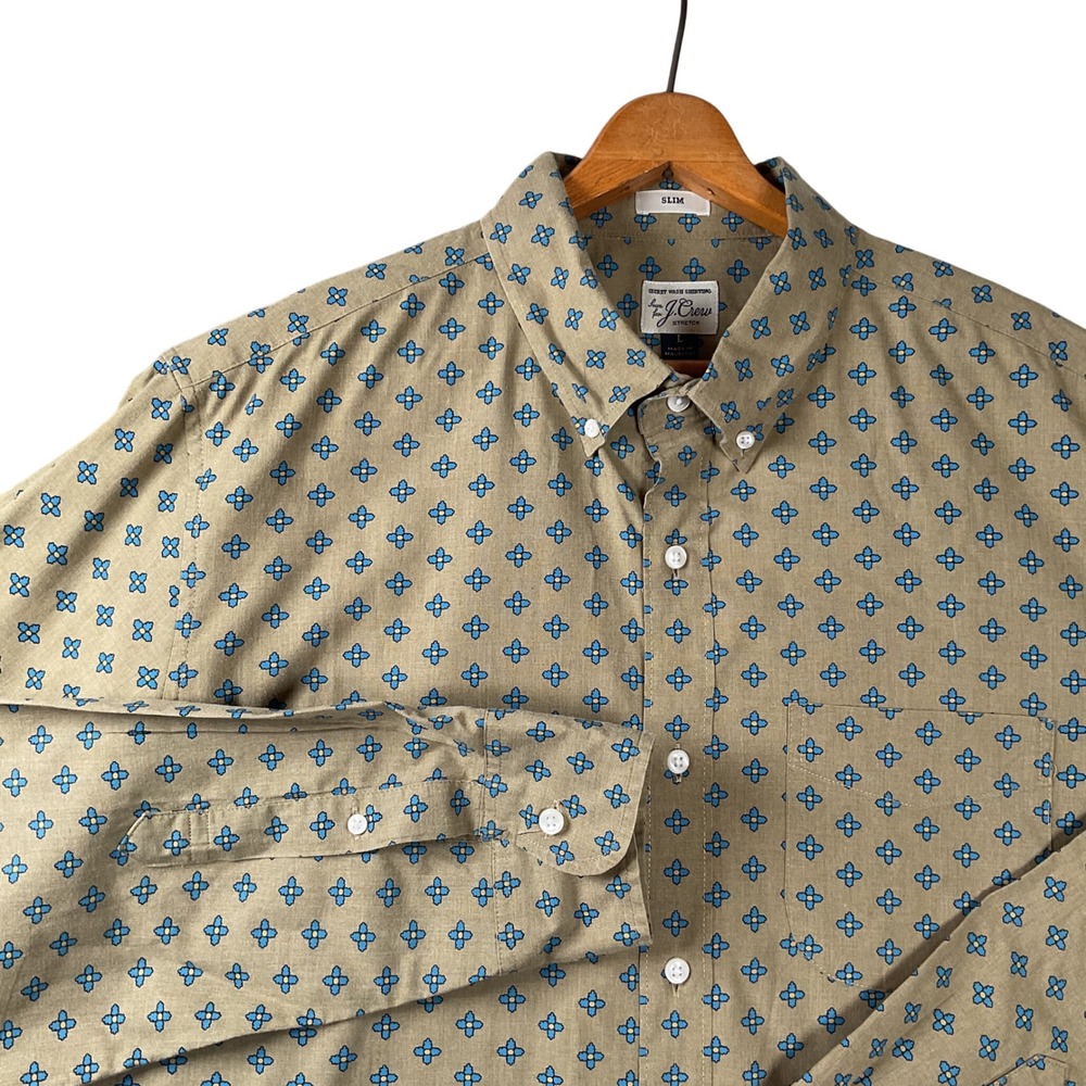 J.Crew Button Down Shirt Mens Large Tan Blue Floral Medallion Slim Fit Stretch